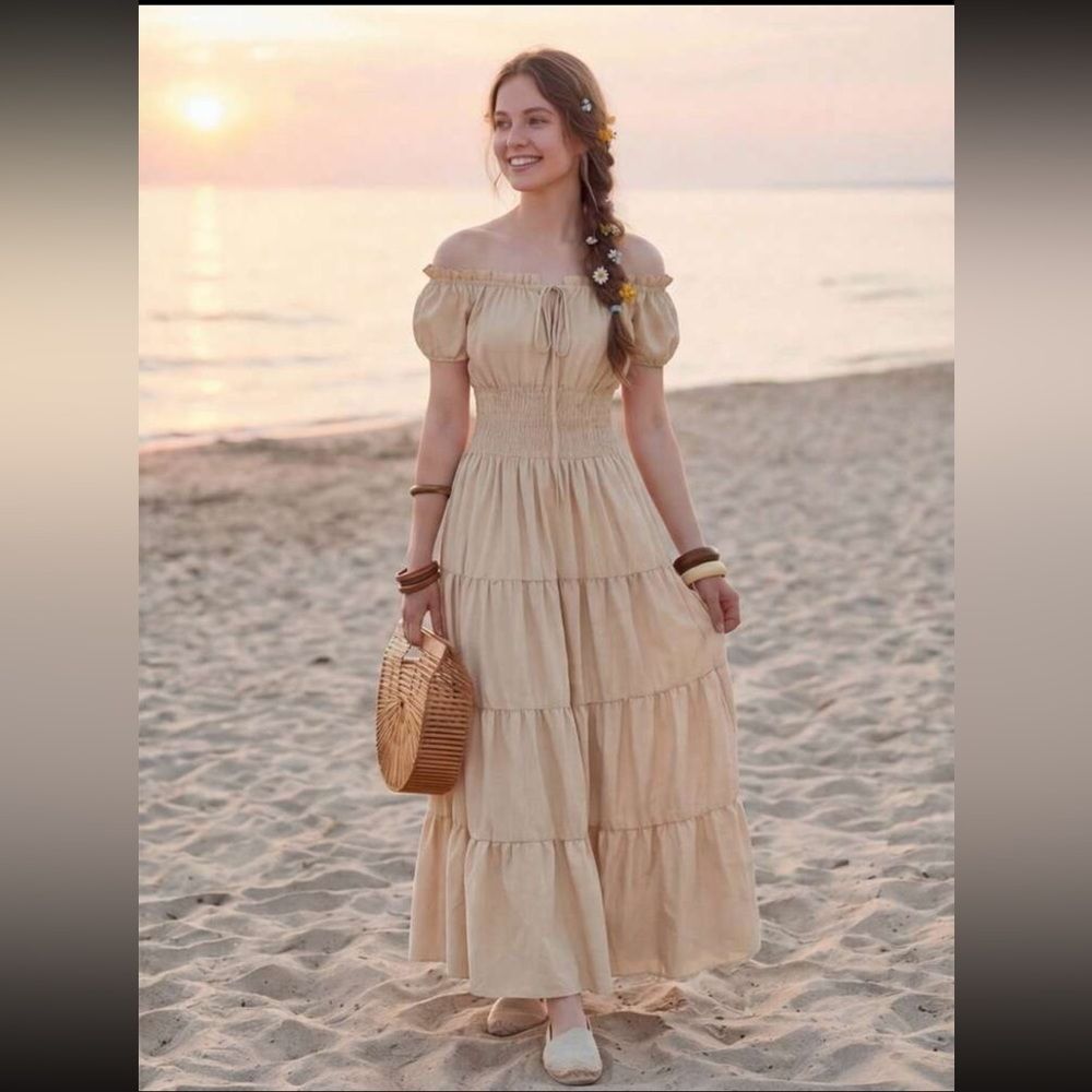 Tan Tiered Cottagecore Maxi Dress with Smocked Detail